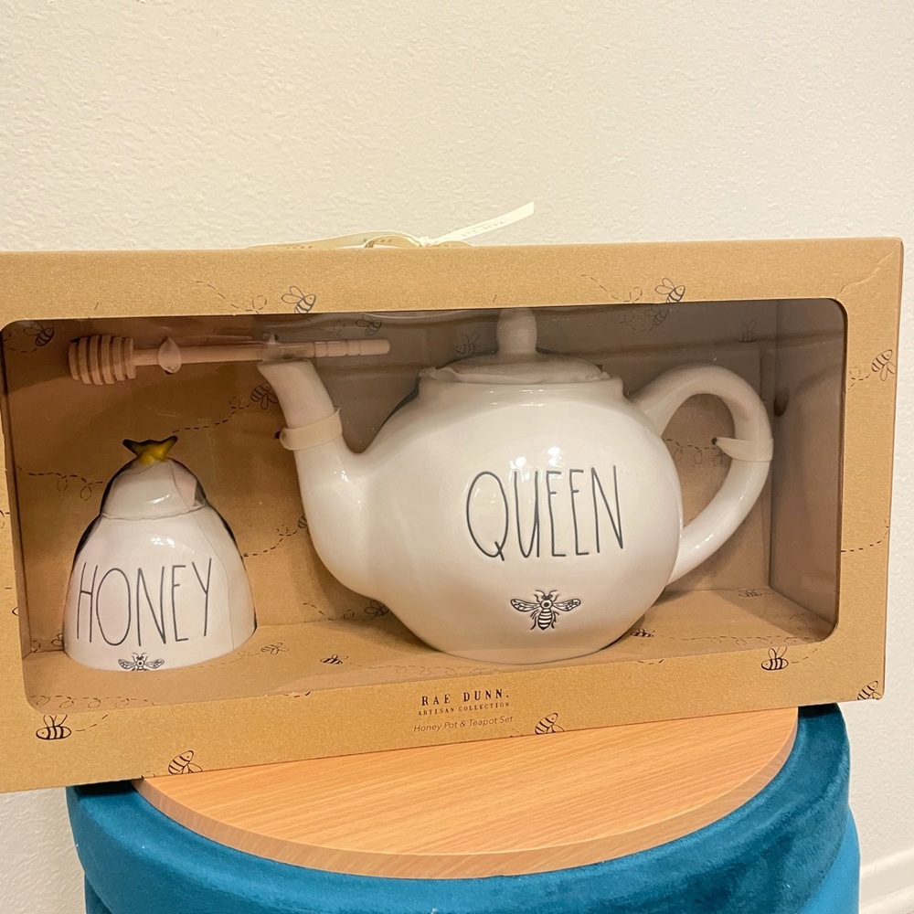 Rae Dunn ceramic tea set teapot honey jar bee